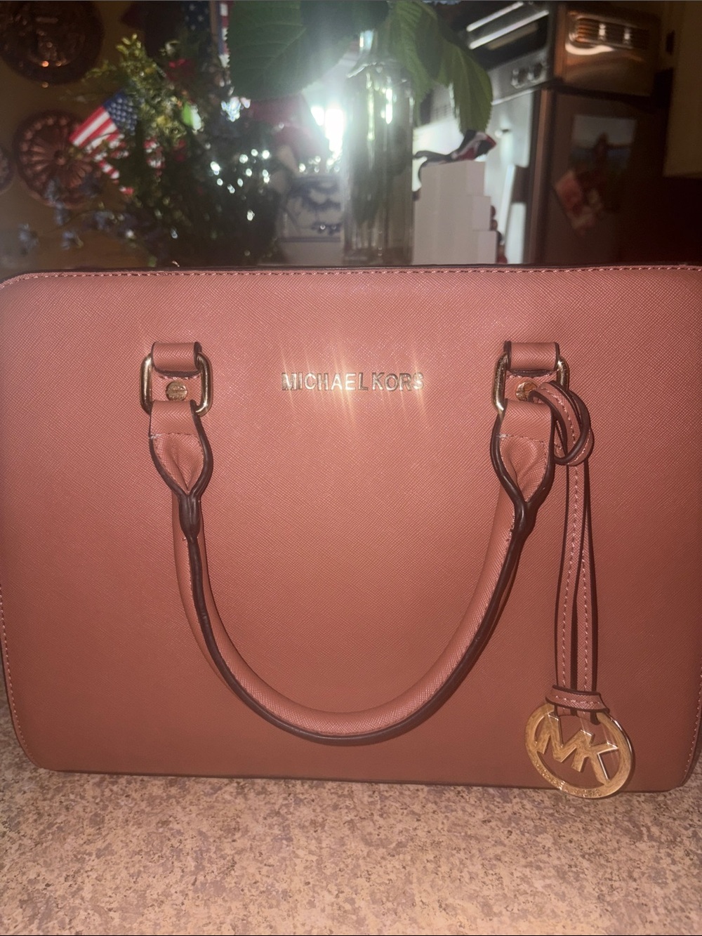 Michael Kors Coral Saffiano Satchel with Gold Hardware